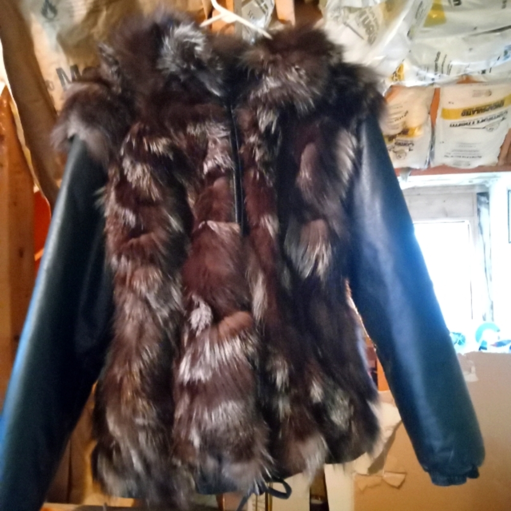 Vintage late 70s Real silver fox fur and leather bomber jacket